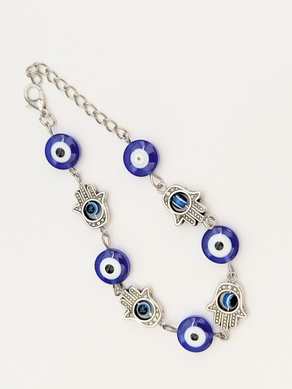 NWOT Blue & Silver-Tone Evil Eye & Hamsa Beaded Adjustable Chain Bracelet